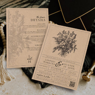 Vintage Floral Rustic Kraft All-In-One Wedding Invitation