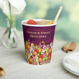 Vintage Floral Rustic Primrose Burgundy Wedding Paper Cups