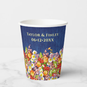 Vintage Floral Rustic Primrose Navy Blue Wedding Paper Cups