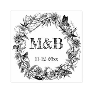 Vintage Floral Rustic Wreath Monogram Wedding Rubber Stamp