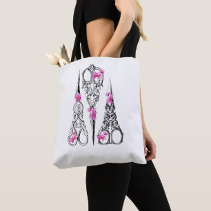 Vintage Floral Scissors for Sewists & Hairdresser Tote Bag