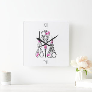 Vintage Floral Scissors for Sewists & Hairdressers Square Wall Clock