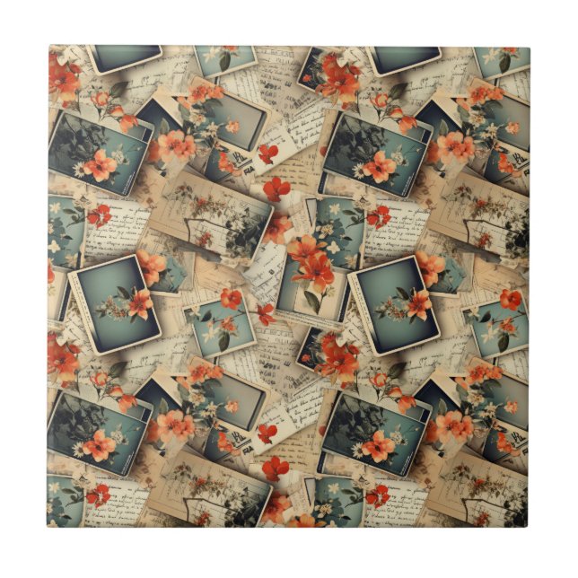 Vintage Floral Scrapbook Pattern Ceramic Tile (Front)