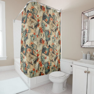 Vintage Floral Scrapbook Pattern Shower Curtain