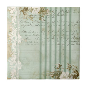 Vintage Floral Script Stripe Ceramic Tile