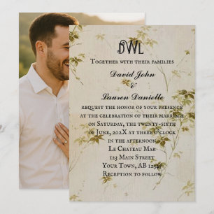 Vintage Floral Sepia Monogram Photo Wedding Invite