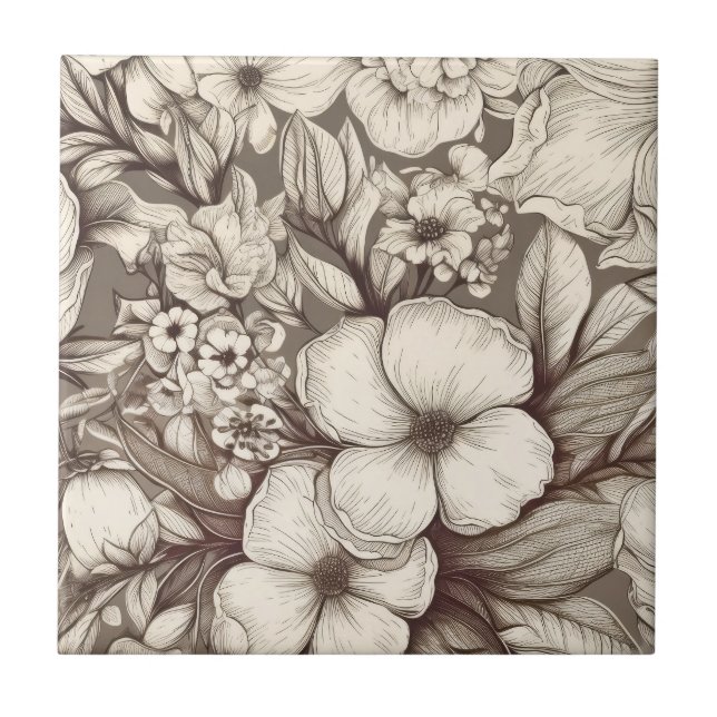 Vintage Floral Sepia Pattern (10) Ceramic Tile (Front)