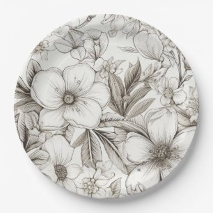 Vintage Floral Sepia Pattern (11) Paper Plate