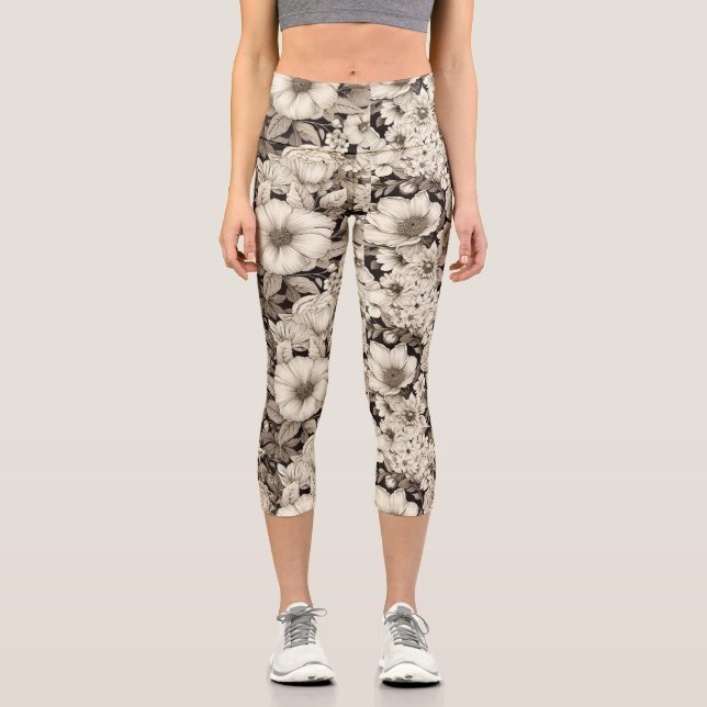 Vintage Floral Sepia Pattern (12) Capri Leggings (Front)