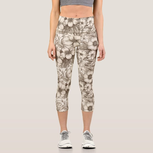 Vintage Floral Sepia Pattern (13) Capri Leggings (Front)