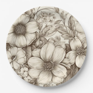 Vintage Floral Sepia Pattern (13) Paper Plate