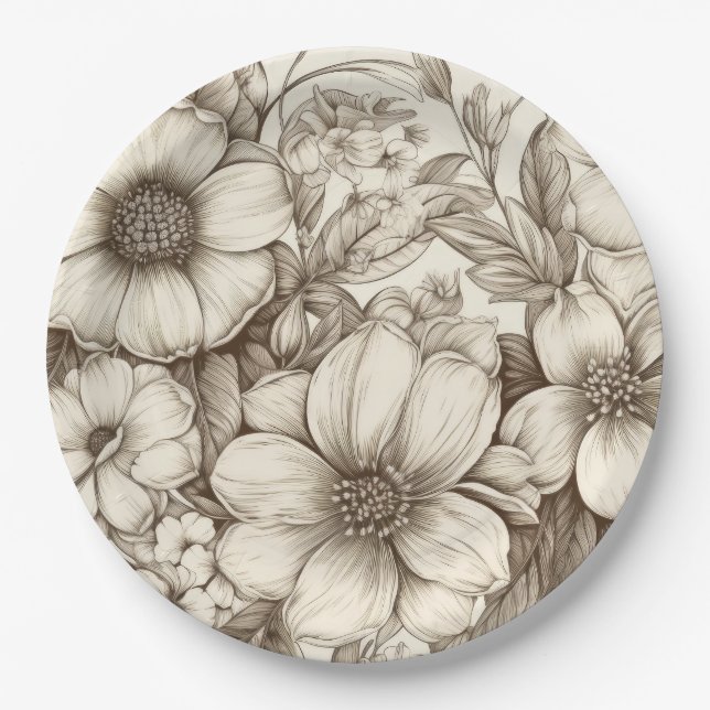 Vintage Floral Sepia Pattern (13) Paper Plate (Front)