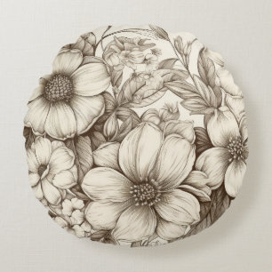 Vintage Floral Sepia Pattern (13) Round Cushion