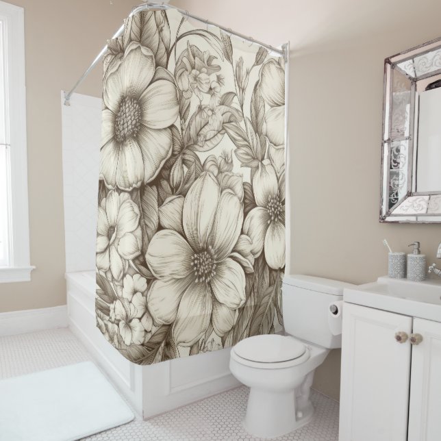 Vintage Floral Sepia Pattern (13) Shower Curtain (In Situ)