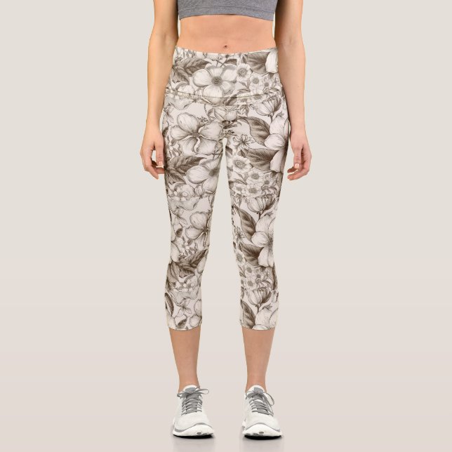 Vintage Floral Sepia Pattern (14) Capri Leggings (Front)