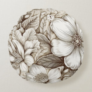 Vintage Floral Sepia Pattern (15) Round Cushion