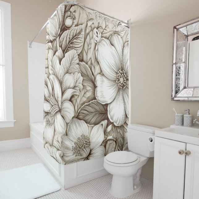 Vintage Floral Sepia Pattern (15) Shower Curtain (In Situ)