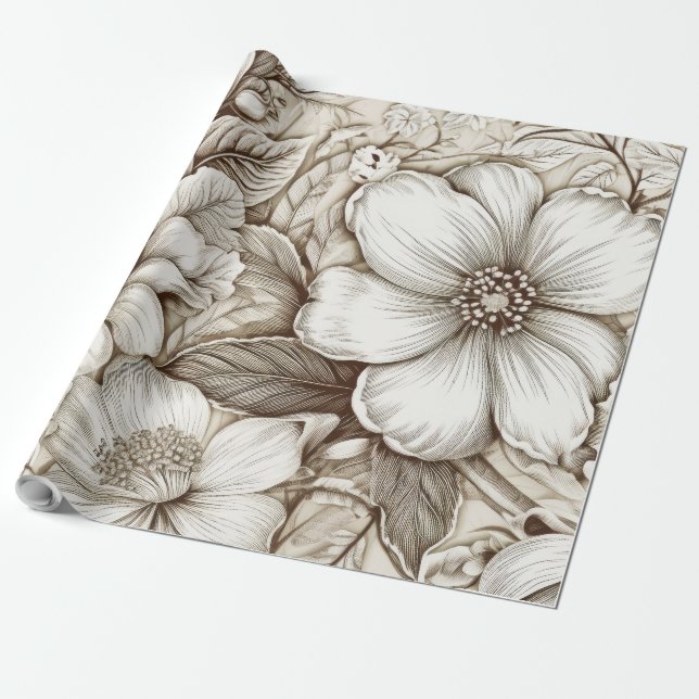 Vintage Floral Sepia Pattern (15) Wrapping Paper (Unrolled)