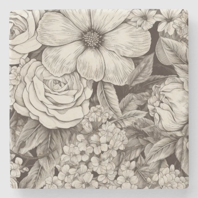 Vintage Floral Sepia Pattern (1) Stone Coaster (Front)