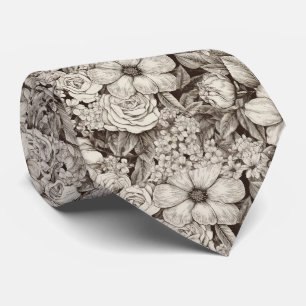 Vintage Floral Sepia Pattern (1) Tie