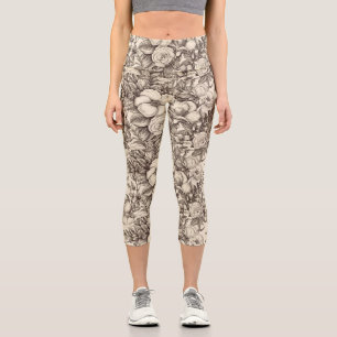 Vintage Floral Sepia Pattern (2) Capri Leggings