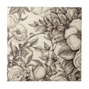Vintage Floral Sepia Pattern (2) Ceramic Tile