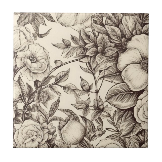 Vintage Floral Sepia Pattern (2) Ceramic Tile (Front)