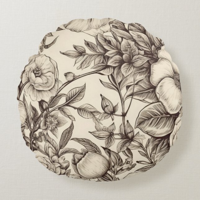 Vintage Floral Sepia Pattern (2) Round Cushion (Front)