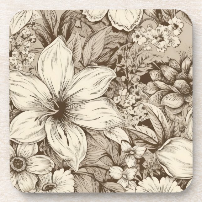 Vintage Floral Sepia Pattern (3) Coaster (Front)