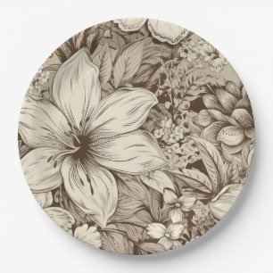 Vintage Floral Sepia Pattern (3) Paper Plate