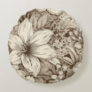 Vintage Floral Sepia Pattern (3) Round Cushion