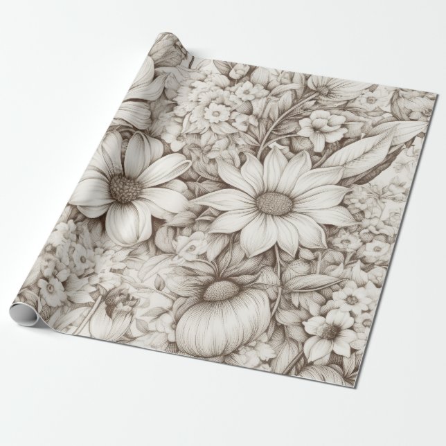 Vintage Floral Sepia Pattern (5) Wrapping Paper (Unrolled)