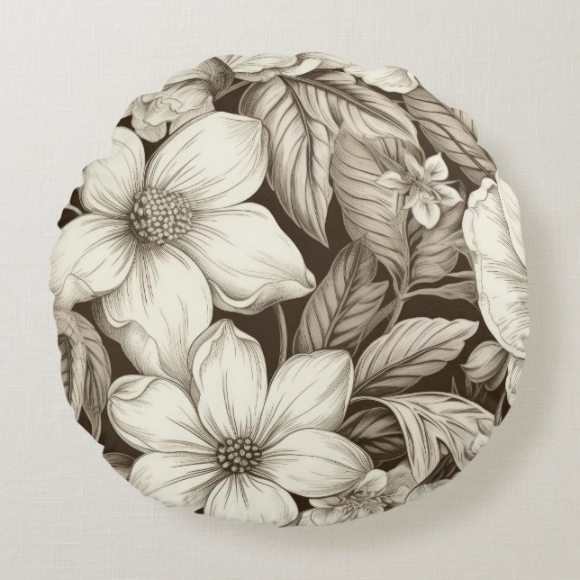 Vintage Floral Sepia Pattern (6) Round Cushion (Front)