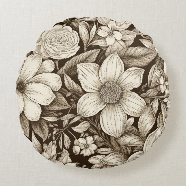 Vintage Floral Sepia Pattern (7) Round Cushion (Front)