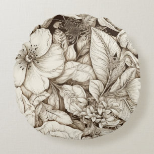 Vintage Floral Sepia Pattern (9) Round Cushion