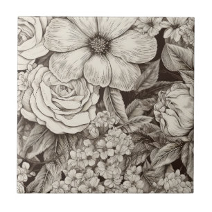 Vintage Floral Sepia Pattern Ceramic Tile