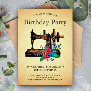 Vintage Floral Sewing Machine Birthday Party Invitation