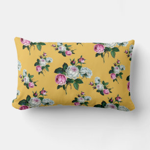 Vintage Floral Shabby Chic Pink White Roses Yellow Lumbar Cushion