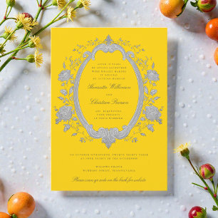 Vintage Floral Silver Grey  Frame Yellow Wedding  Invitation