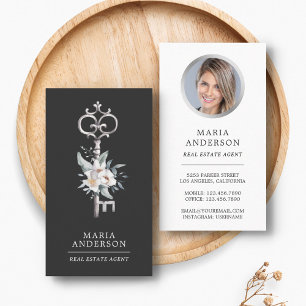 Vintage Floral Silver Key Real Estate Agent Photo Business Card
