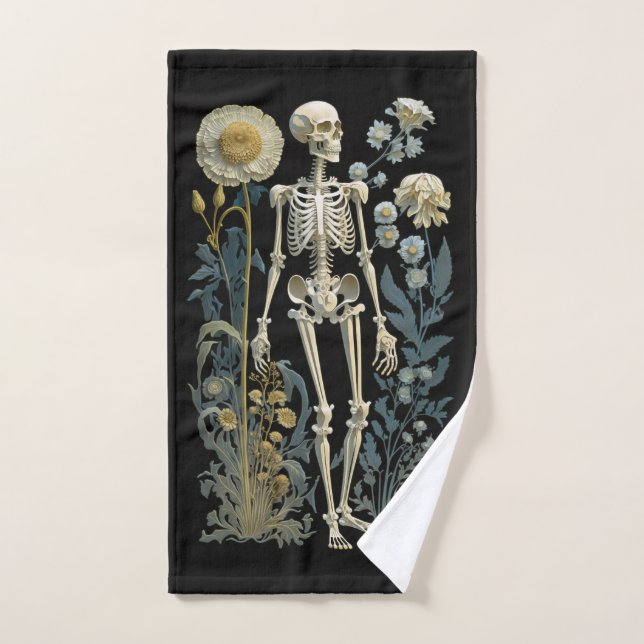 Vintage Floral Skeleton | Black Moody Botanical Hand Towel (Hand Towel)
