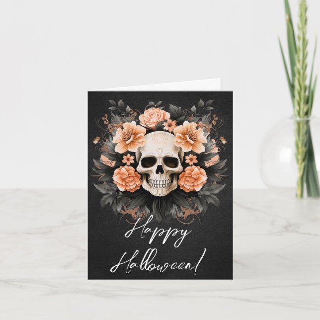 Vintage Floral Skull Halloween Card (Front)