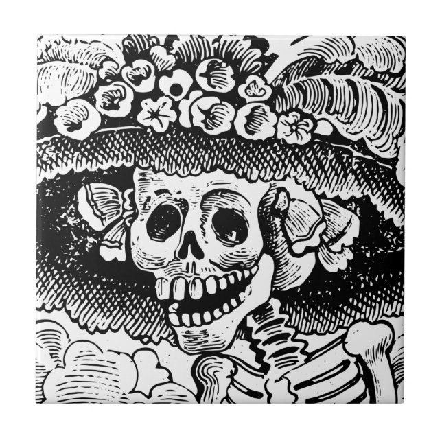 Vintage Floral Skull Halloween Ceramic Tile (Front)