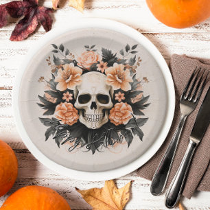 Vintage Floral Skull Halloween Paper Plate
