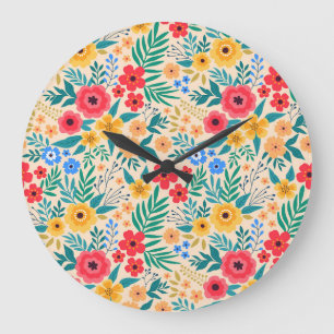 Vintage Floral, Small Colourful Flowers. Large Clock