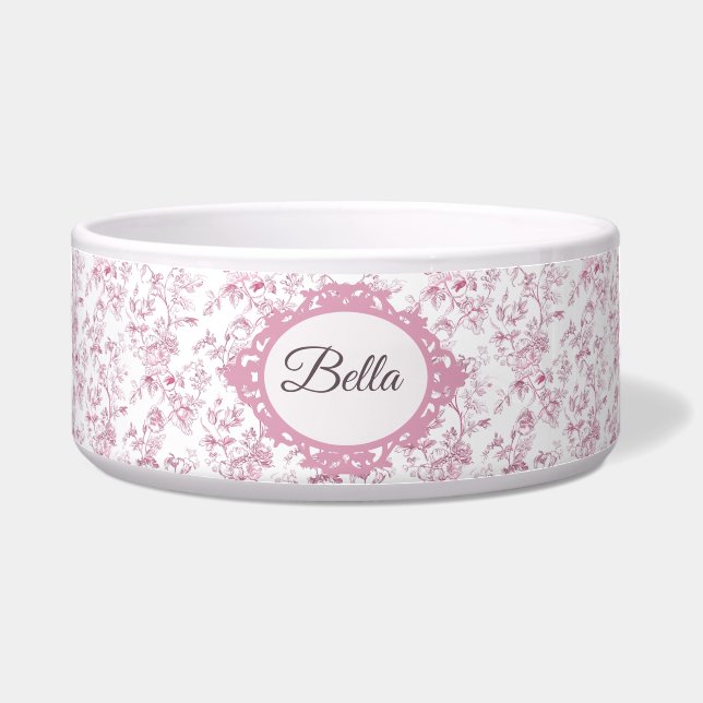 vintage floral Soft Pink & White Pet Bowl (Front)