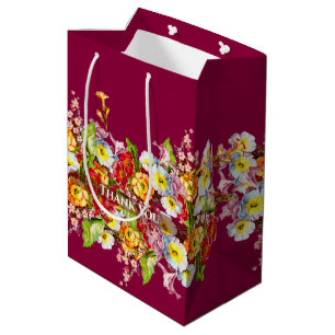 Vintage Floral Spring Primroses Cute Chic Burgundy Medium Gift Bag