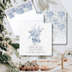 Vintage Floral Square Blue n White Bridal Shower Invitation
