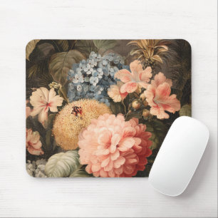 Vintage Floral Still Life with Red and White Bloom Mouse Pad