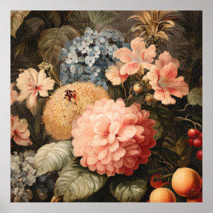 Vintage Floral Still Life with Red and White Bloom Poster